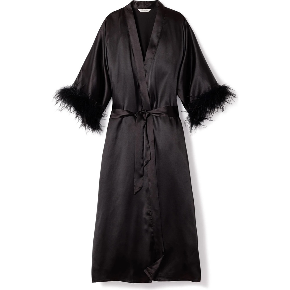 Silk-Feel Black Satin Robe with Feather Cuffs